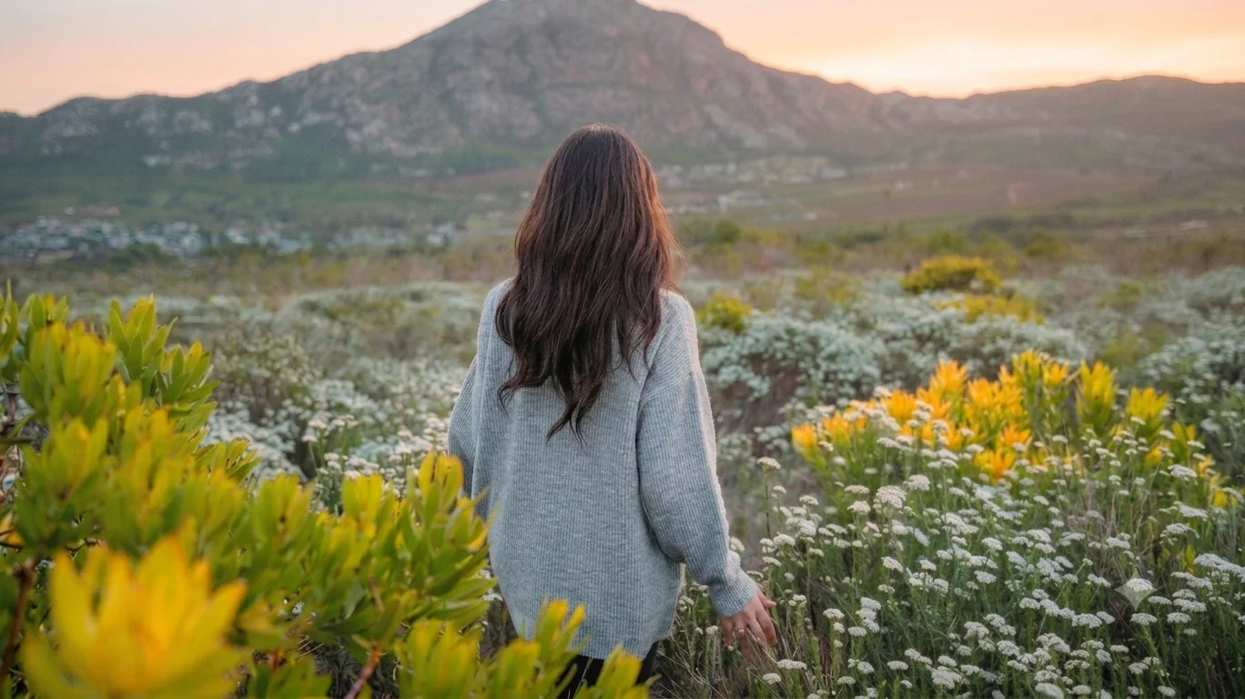 Frau von hinten auf einer Blumenwiese in den Bergen im Sonnenuntergang